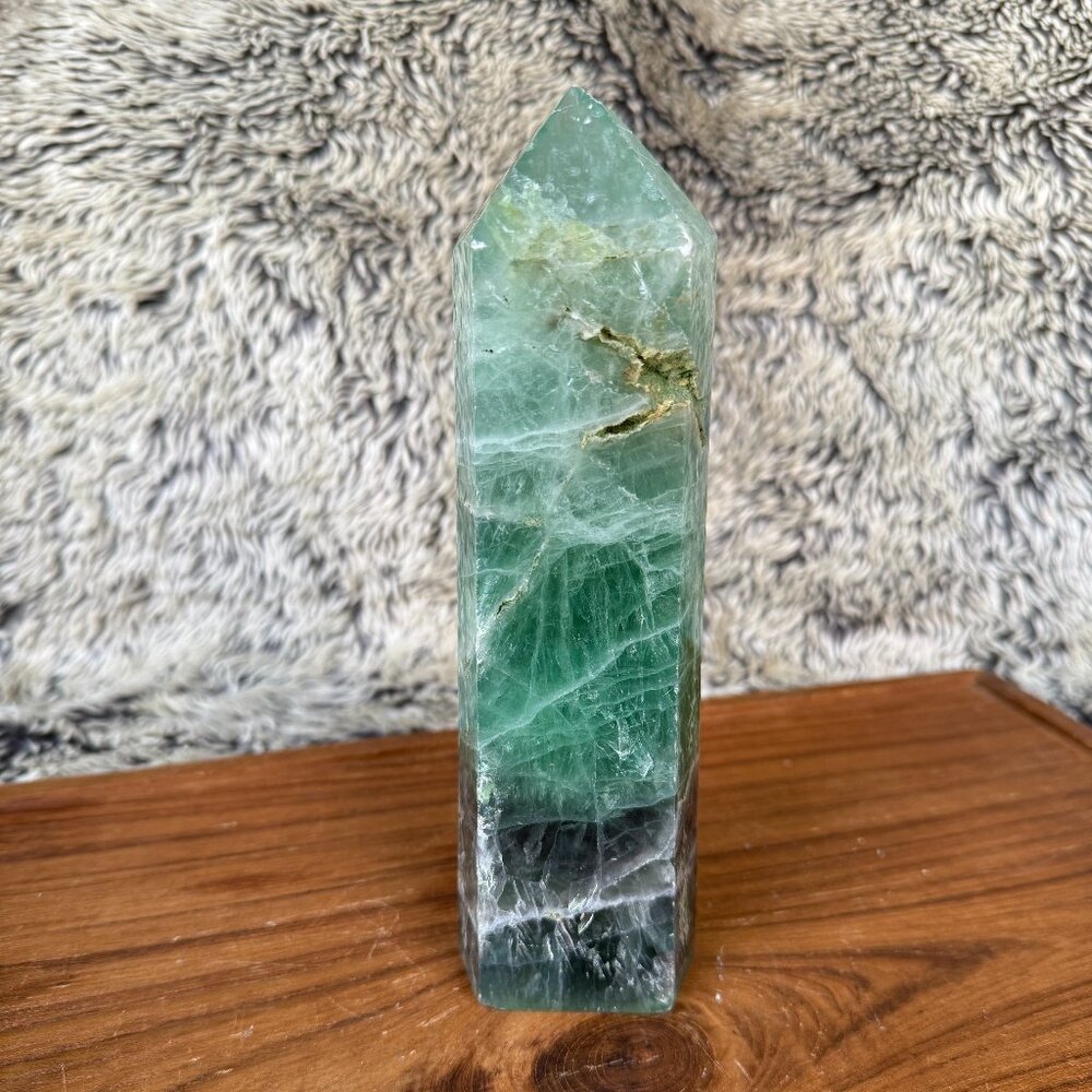 Fluorite Tower 8” x 2.5” – 2.6 lb Polished Green & Purple Crystal Point
